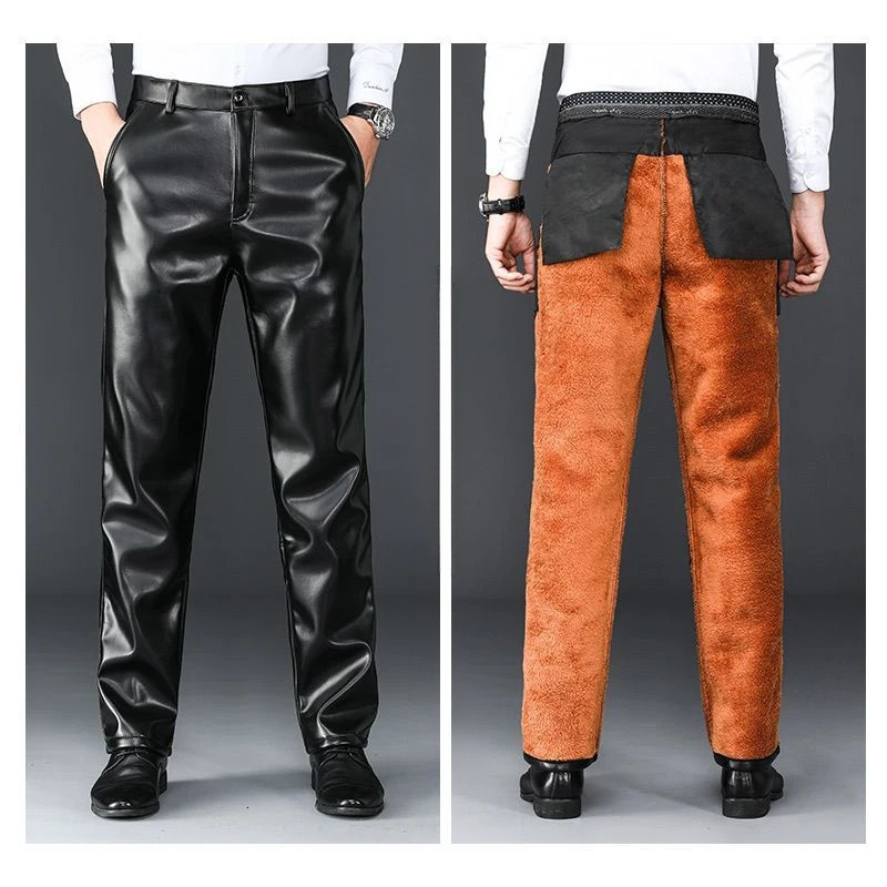 Men Gothic Pants Plus Fleece Thicken Winter Waterproof Straight Loose Elastic Comfortable Moto Biker Casual Leather Trousers 250704