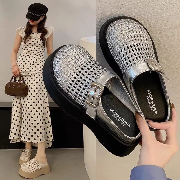 2025 Summer New Designer Style Woven Closed-Toe Slippers for Women, Slip-On Thick-Soled Hollow Out Sandals
