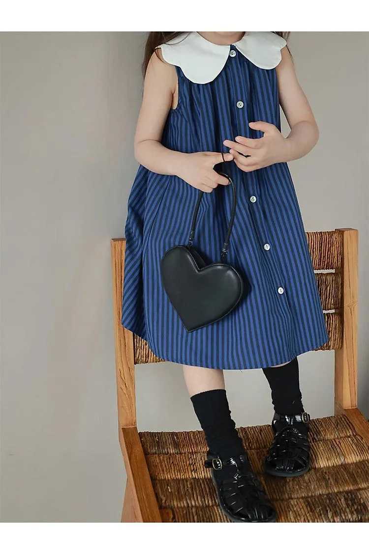 Summer New Childrens Dress Foreign Big Lapel Dark Striped Dress in Small Children Loose Dress Girls Fashionable Dress and Knees R250707
