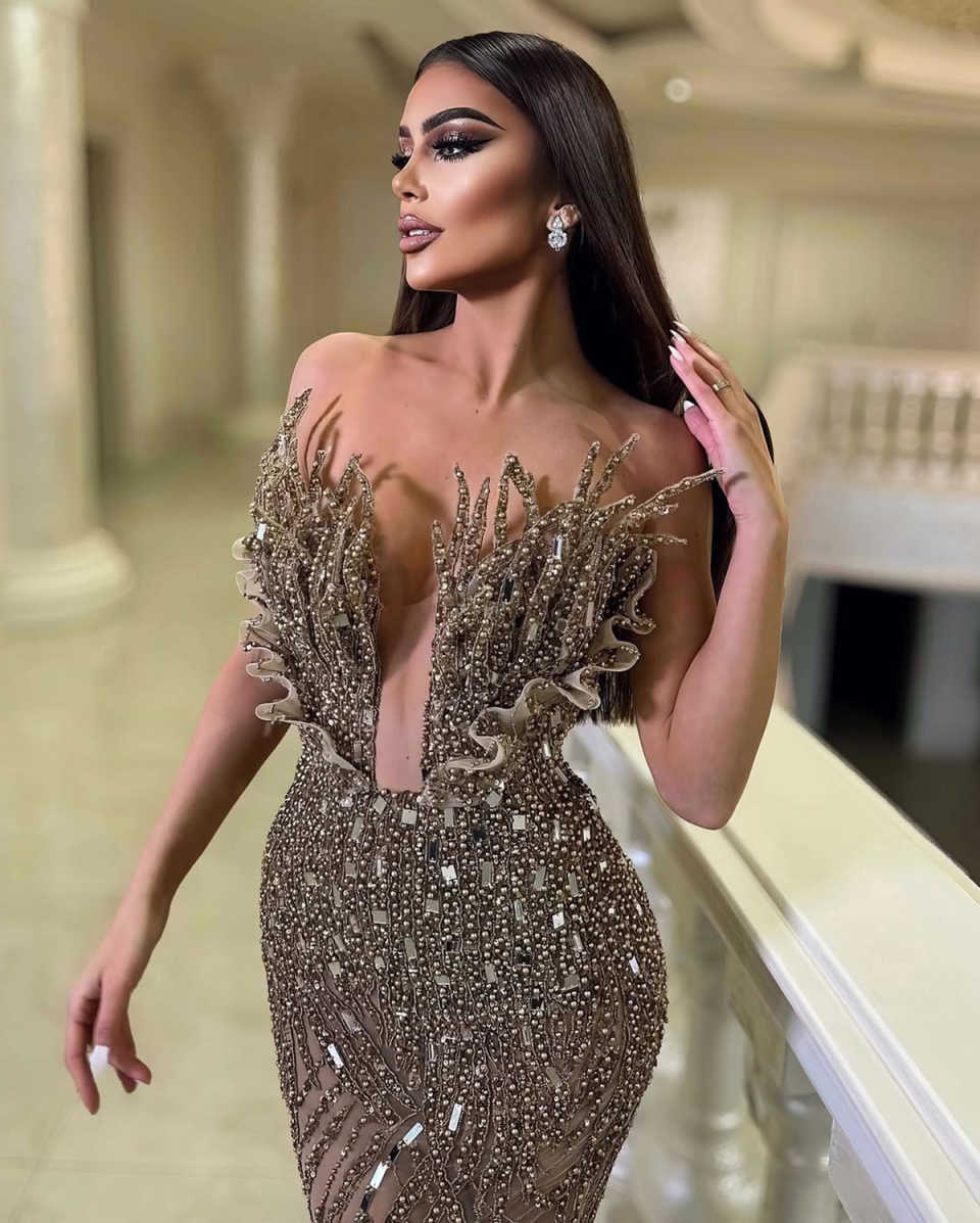 Designer Beaded Mermaid Evening Dress Strapless Sleeveless Sequins Prom Gowns Sexy Floor Length Formal Dresses Customized