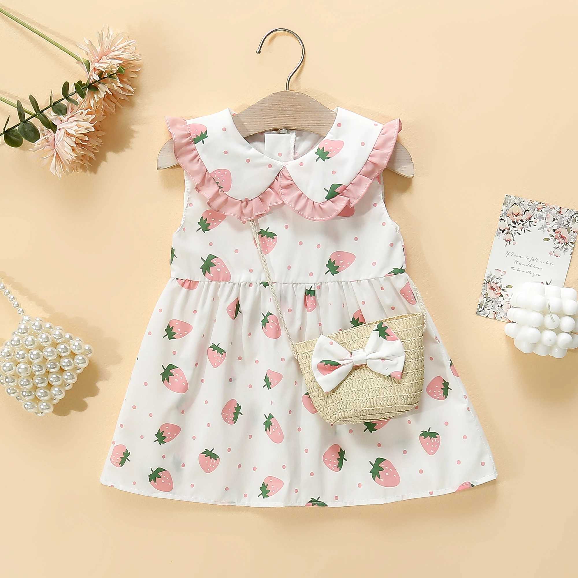 2-Piece Set Girls Dress Bag Summer Little Girl Big Collar Full of Strawberry Dot Printed Princess Dress R250707
