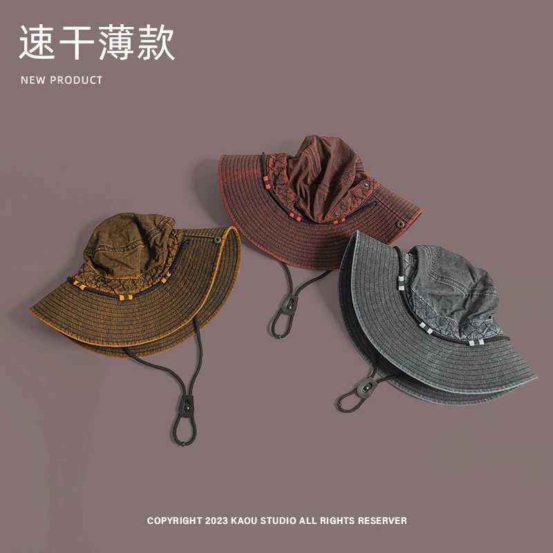 Japanese Retro Old Craft Drawstring Bucket Hats for Women Summer Outdoor Camping Sun Protection Mesh Breathable Hiking Caps for Men Y250707
