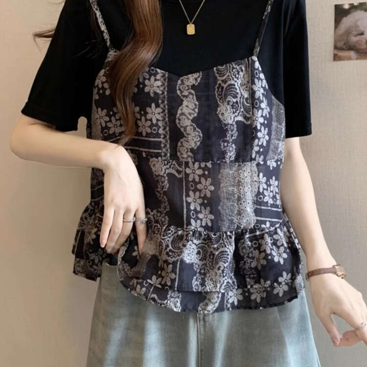 Plus Size Fake Two-Piece Camisole Round Neck Short Sleeve Women's Summer Design Loose Slimming Elegant Floral Top B5