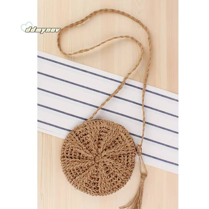 Rattan Woven Round Women Straw Handbag Knit Summer Beach Woman Shoulder Messenger Bag Tassel Khaki Beige Bags ddmynov