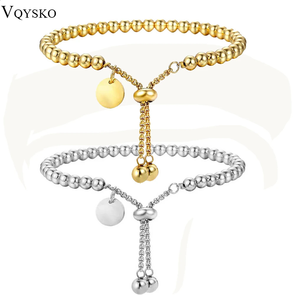 VQYSKO Fashion Stainless Steel Custom Bracelet Letter Tag Ball Beads Adjustable Womens Jewelry 250707