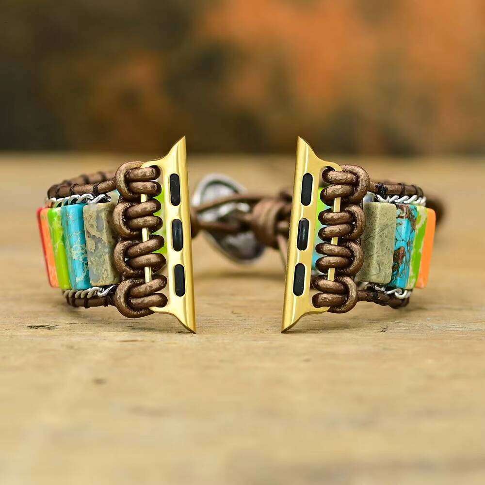 7 Chakra Chain Band Natural Stone Strap for iWatch 38mm 42mm Leather Bracelet Smart Watch Wholesale