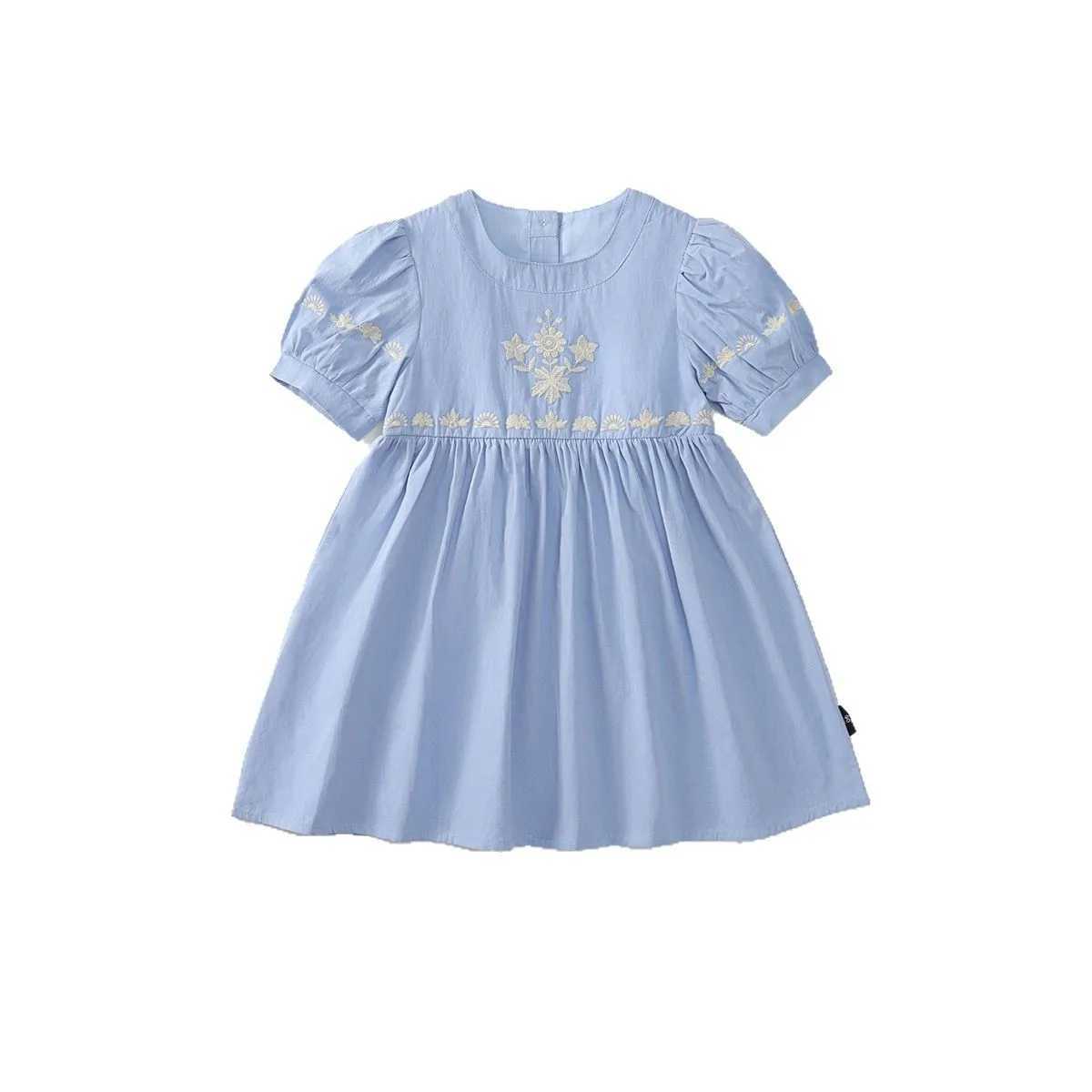 Girls embroidered dress 2025 summer dress childrens French sky blue bubble short sleeved princess dress R250707