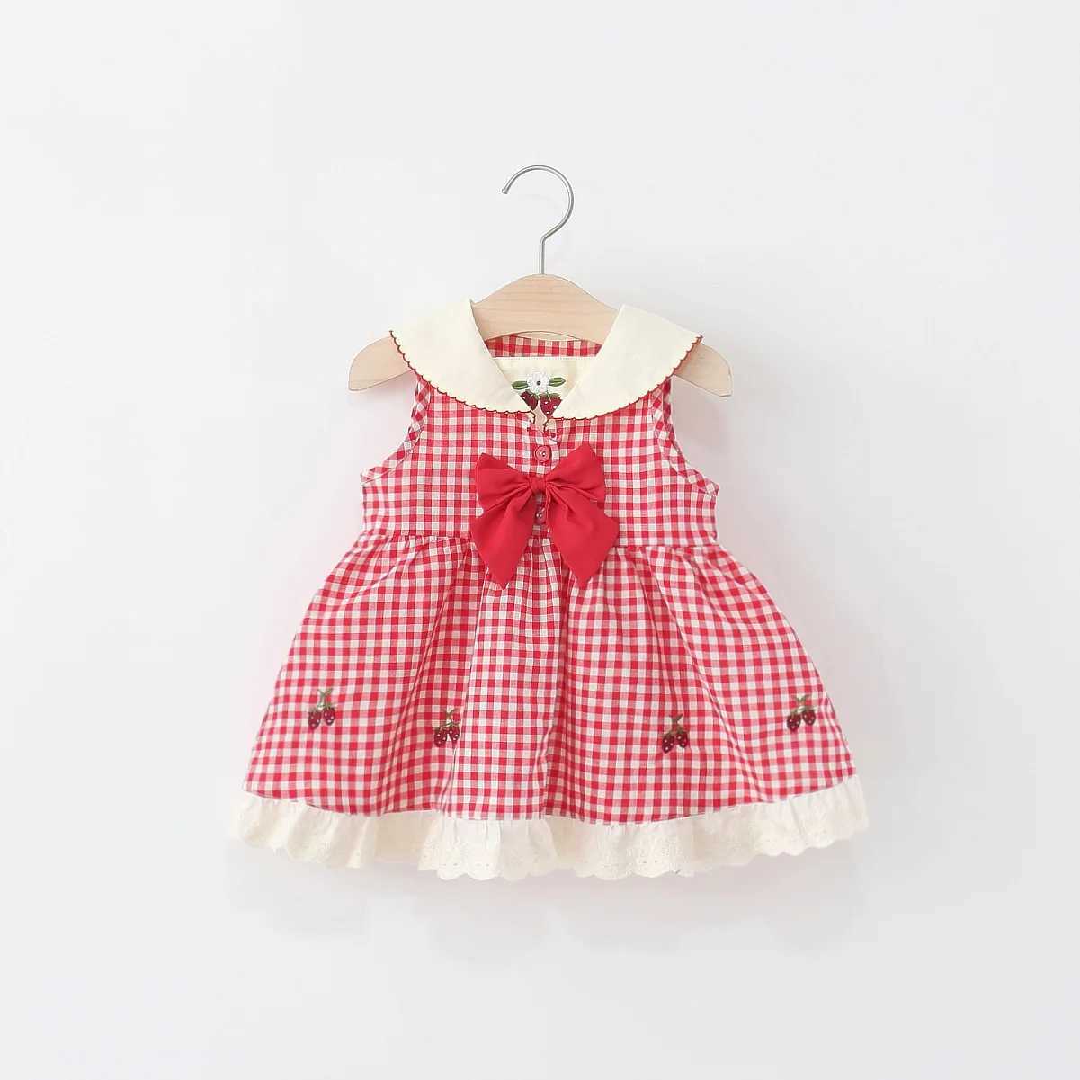 Baby Girl Summer Dress Red Checkered Cotton Sleeveless Cute Cherry Embroidery Bow Girl Princess Dress R250707