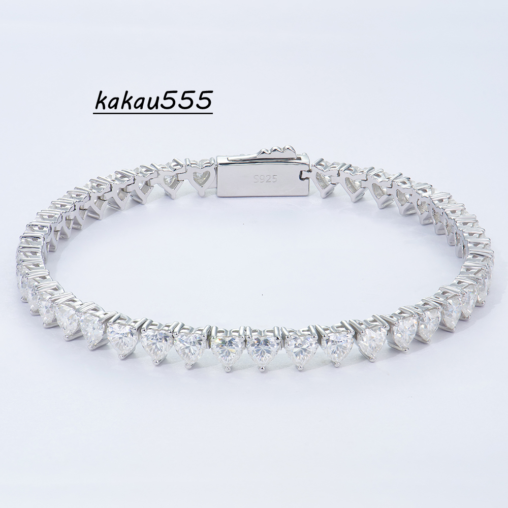 White Gold Plated Hiphop Jewelry 6mm Tennis Link Chain with 3*3 Heart Moissanite 925 Silver Bracelet