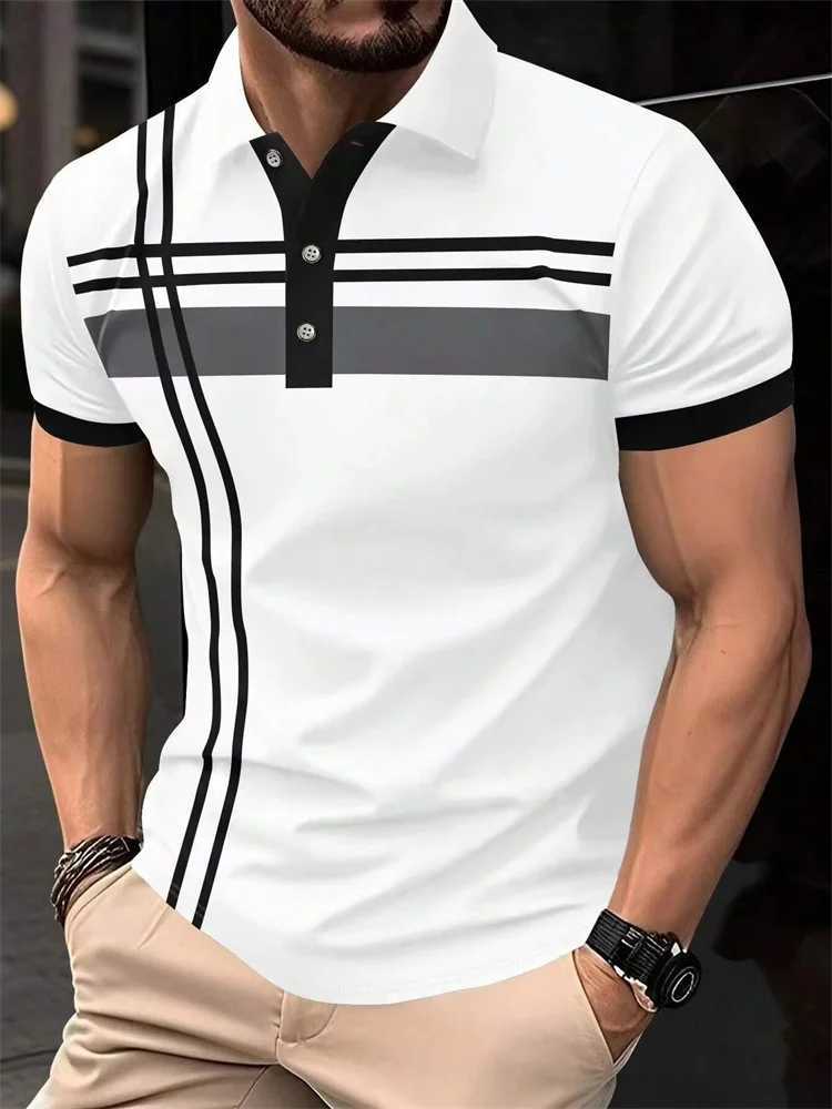 Fashion Stripe Print Polo T Shirt For Men Casual Lapel Loose Short Sleeve Tops Business Golf Clothing Comfortable Trend T-shirt Y250707 Y250707