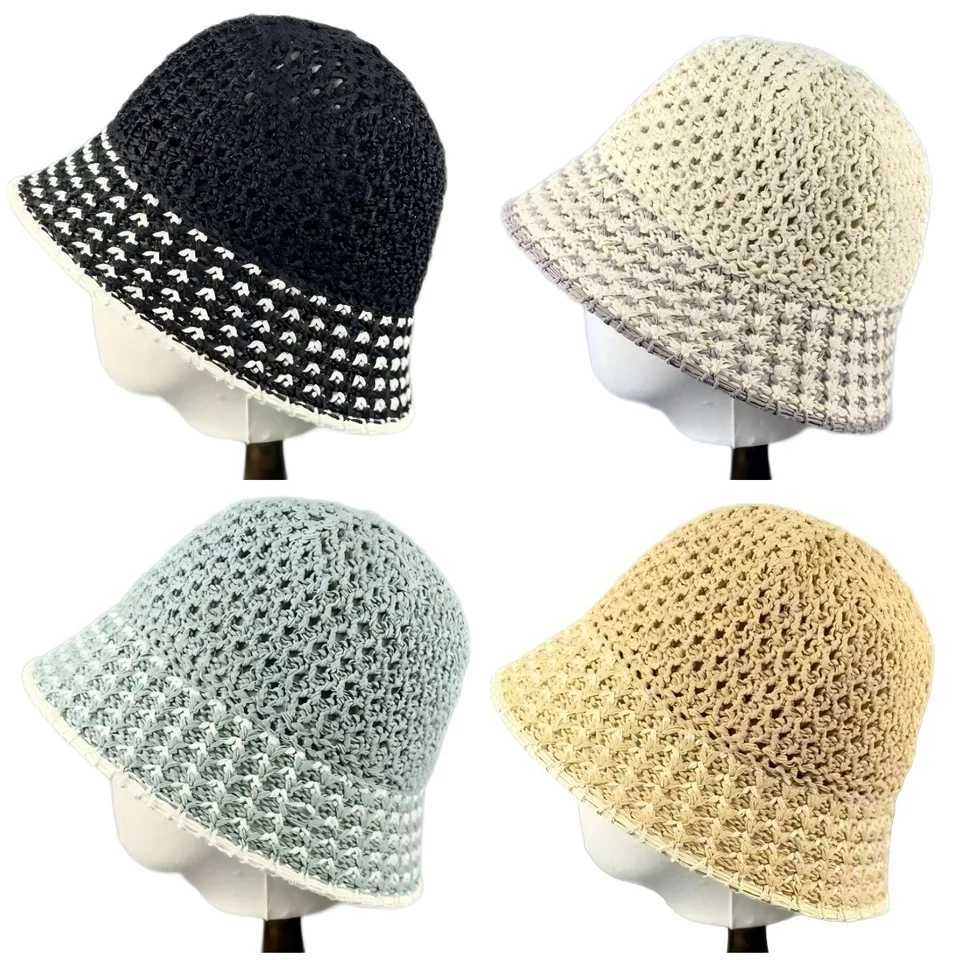 Spring Summer Straw Sun Hat for Women Hollow Colorful Striped Bucket Hat Outdoor Fisherman Hat Beach Travel Panama Caps Mom Gift Y250707