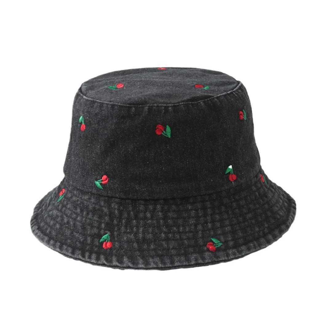 New Summer Denim Bucket Hat for Women Embroidery Watermelon Cherry Strawberry Outdoor Sunshade Fisherman Cap Men Best Matched Y250707