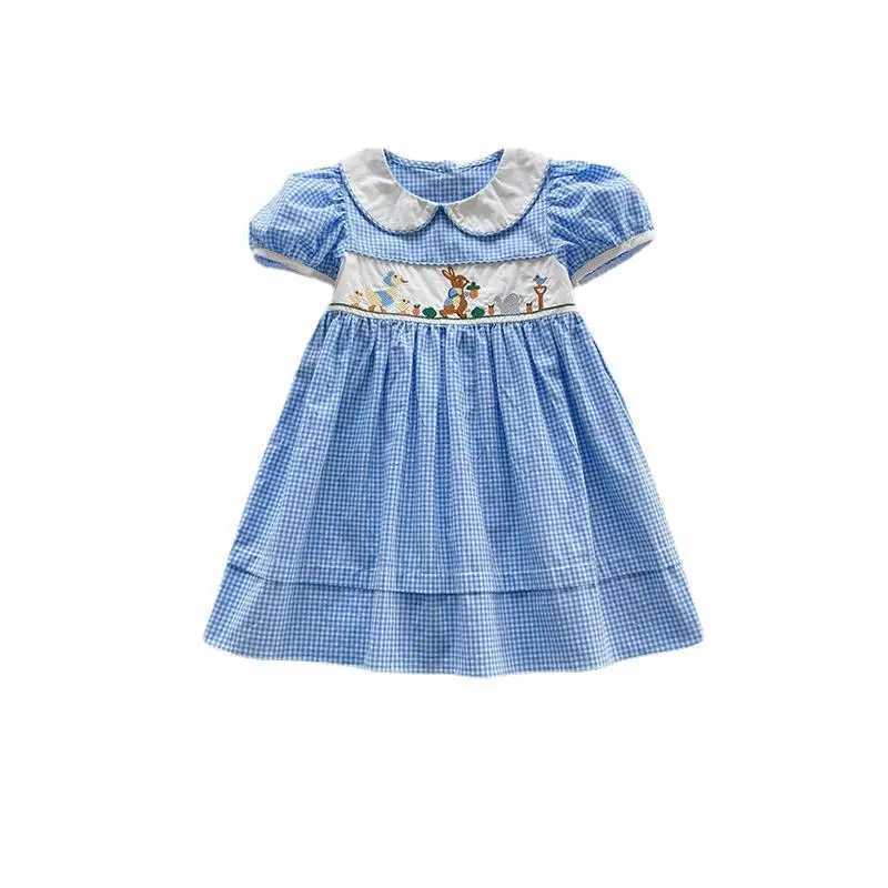 Summer Animal Embroidery Plaid Girls Dress Lace Edge Doll Lapel Bubble Sleeve Childrens Dress Cute Plaid Baby Kids Clothing R250707