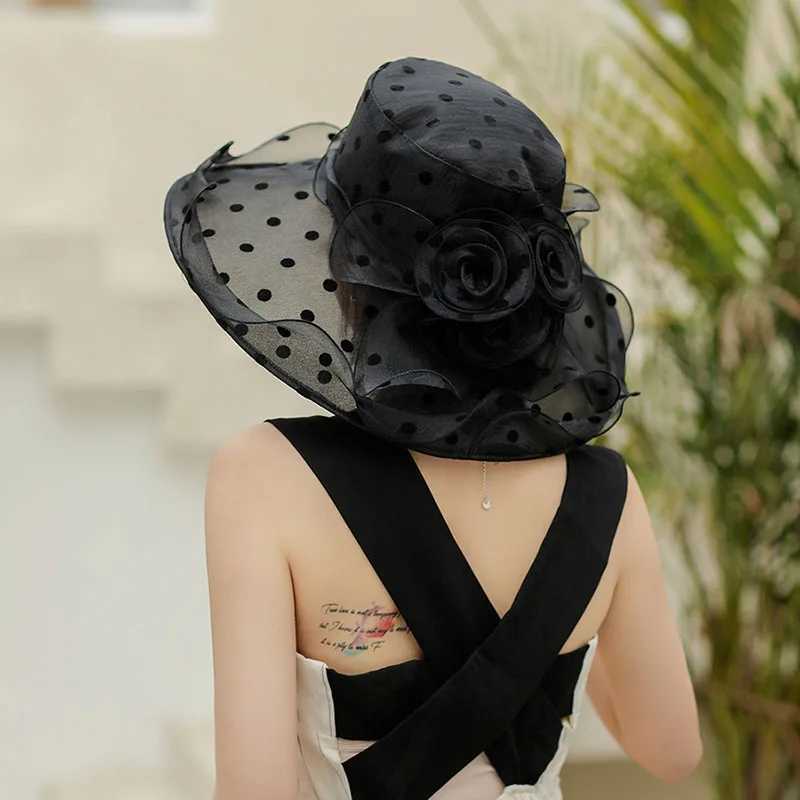 Elegant temperament Hat For Women Dot Chiffon Bucket Hat Organza breathable Beach Hat summer wide brim sunshade fisherman hat Y250707