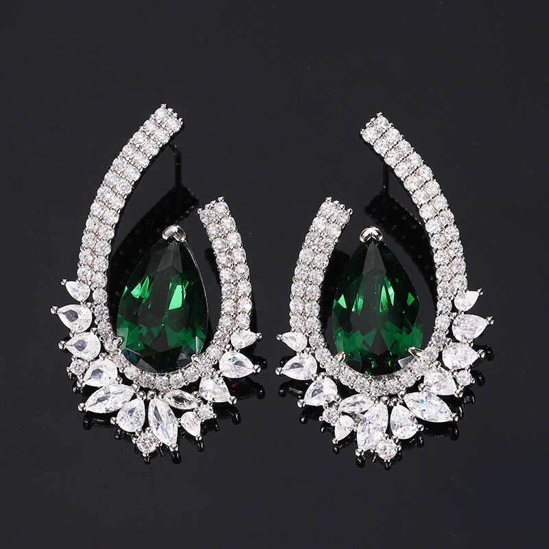 New Jewelry Set Sterling Sier Needle With Zircon Crystal Emerald Ring Earrings For Women 18B