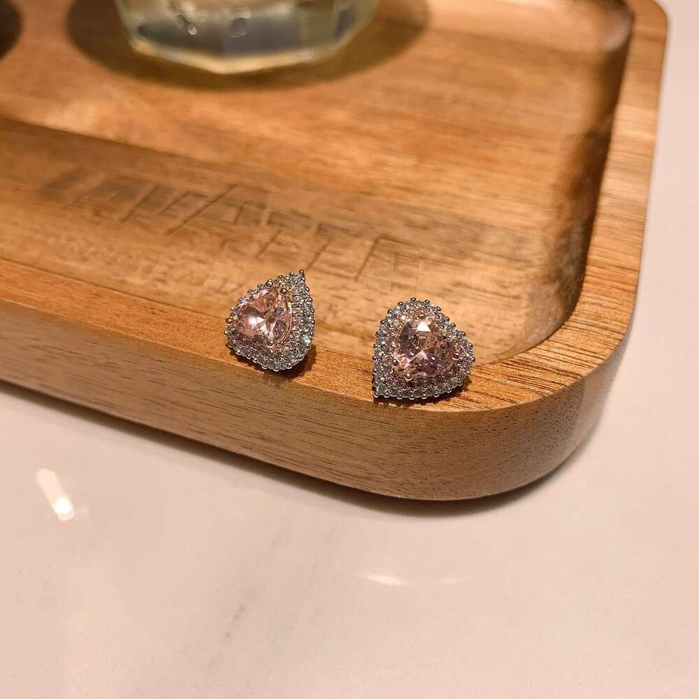 Tiktok Live Pink Heart Necklace Heart-Shaped Zircon Jewelry Three-Piece Set For Women 12E