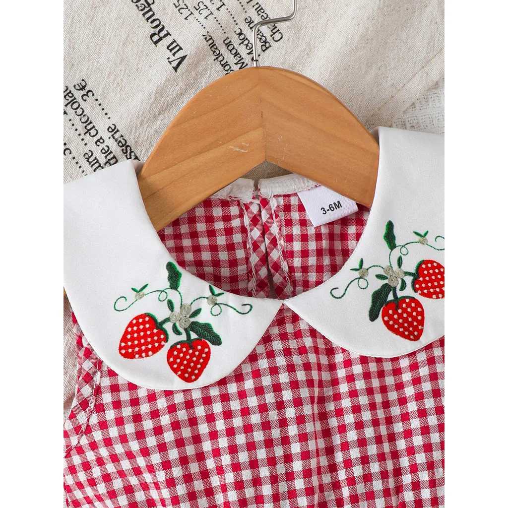 Baby Girl Dress for Infant 3-24Months Cute Strawberry Print Doll Neck Sleeveless Red Plaid Dress Summer Daily Wear Party Dresses R250707