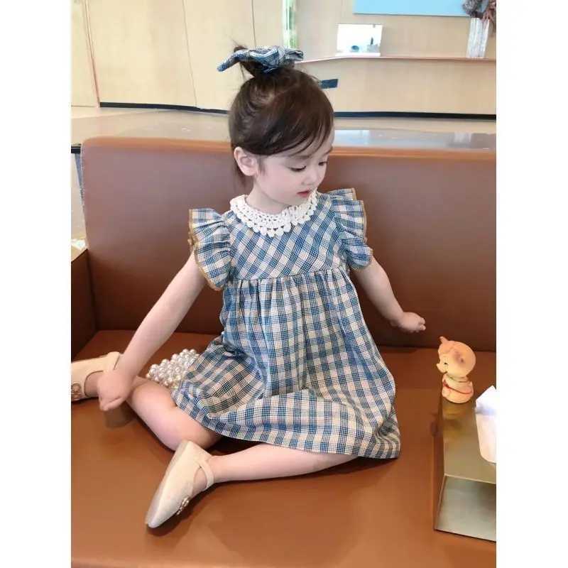 Girls Dress Summer New Fashionable Female Baby Korean Lace Plaid Dress Sleeveless Childrens Princess Dresses R250707