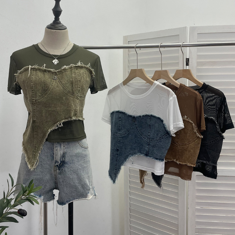 2025 Summer new women's T-shirt denim splicing niche short sleeved T-shirt summer fashion irregular high waist slim fit top new designer T-shirt