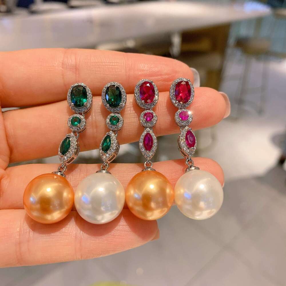 White Shell Fairy Temperament Elegant Personality Exaggerated Green Jewelry Ins Trend Live Style Pearl Drop Earrings 732