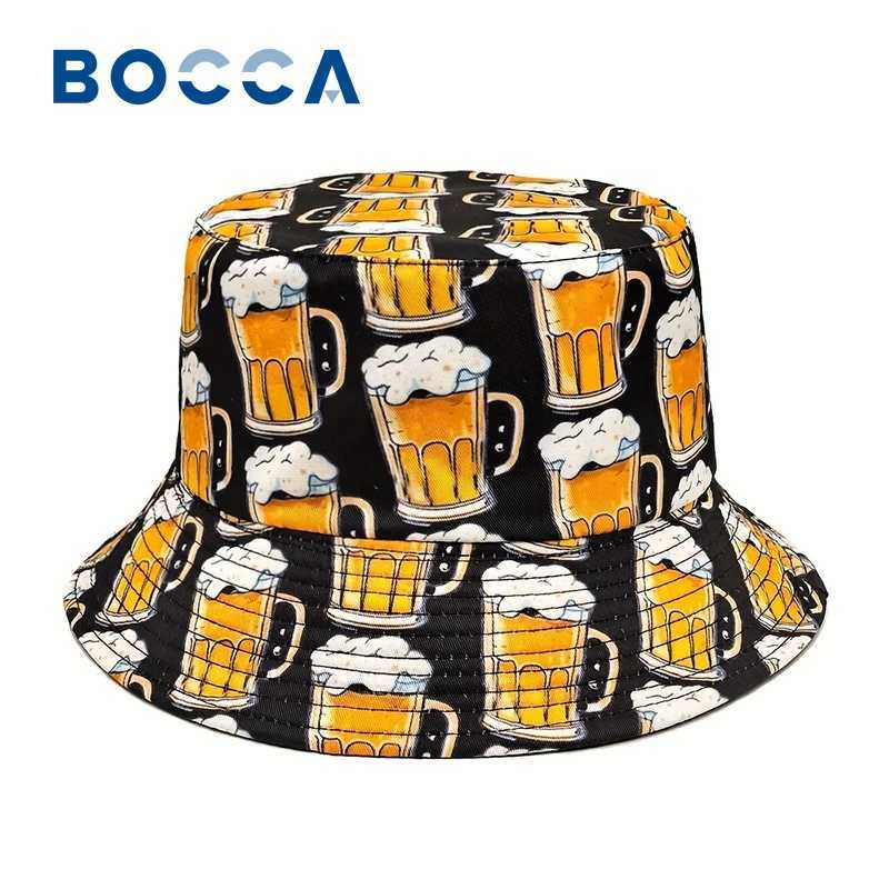 Bocca Cartoon Beer Bucket Hat Funny Printing Pattern Fisherman Hats Double Sides Panama Hat For Men Women Outdoor Sun Summer New Y250707