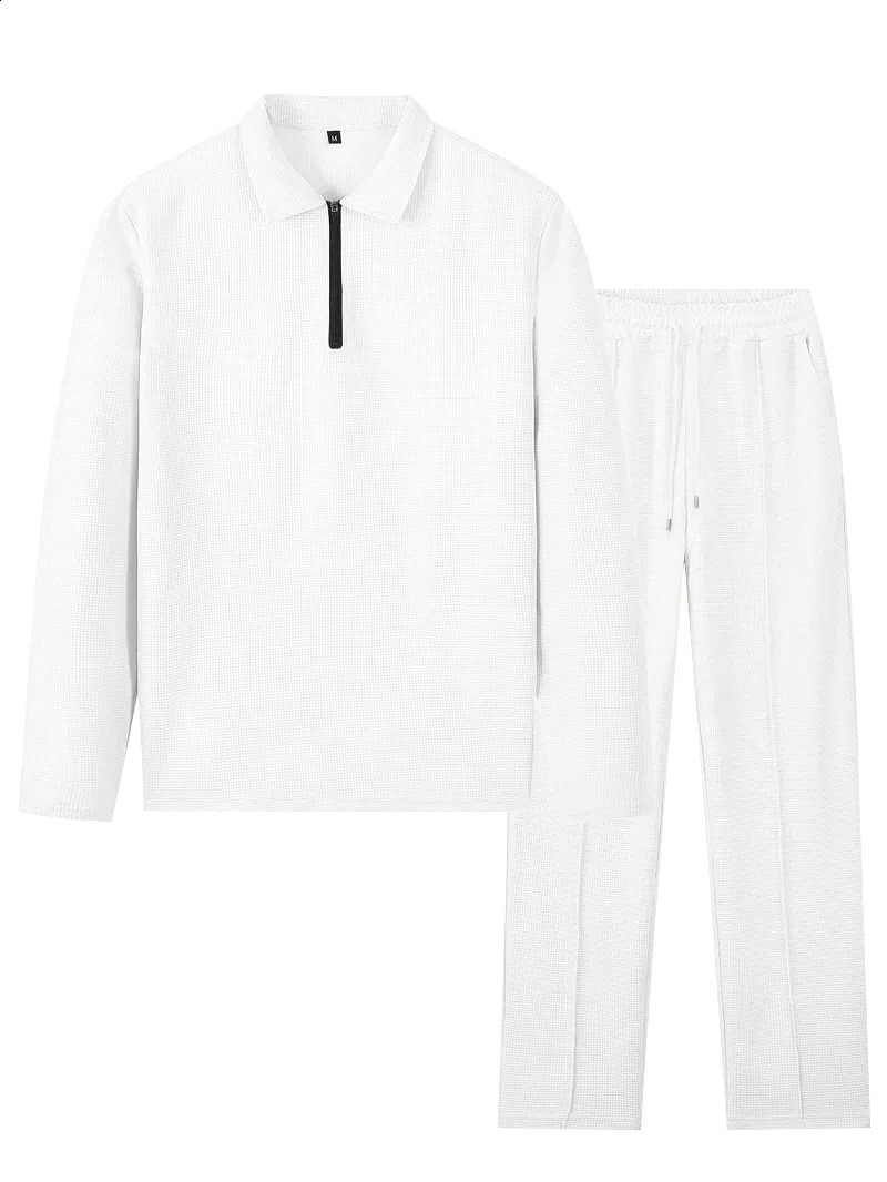 2025 Spring and Autumn Mens Waffle Set Long Sleeve Polo Shirt Fashion Casual Half Zipper Collar Solid Color 250703