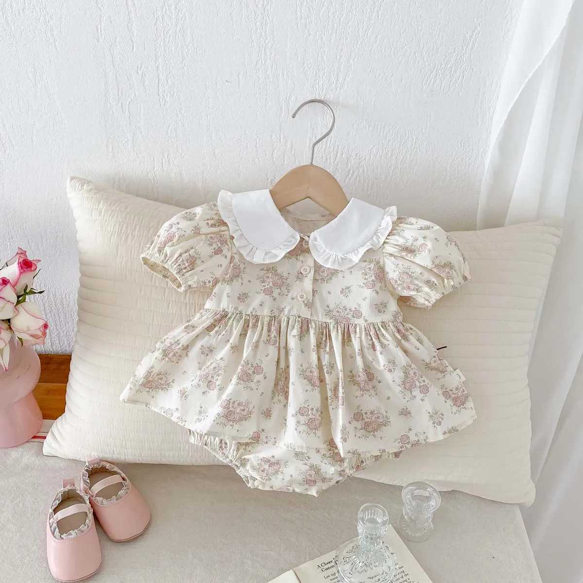 Summer Baby Girl Clothes Newborn Romper Peter Pan Collar Floral Cotton Short Sleeve Baby Bodysuit 0-24 Months R250707