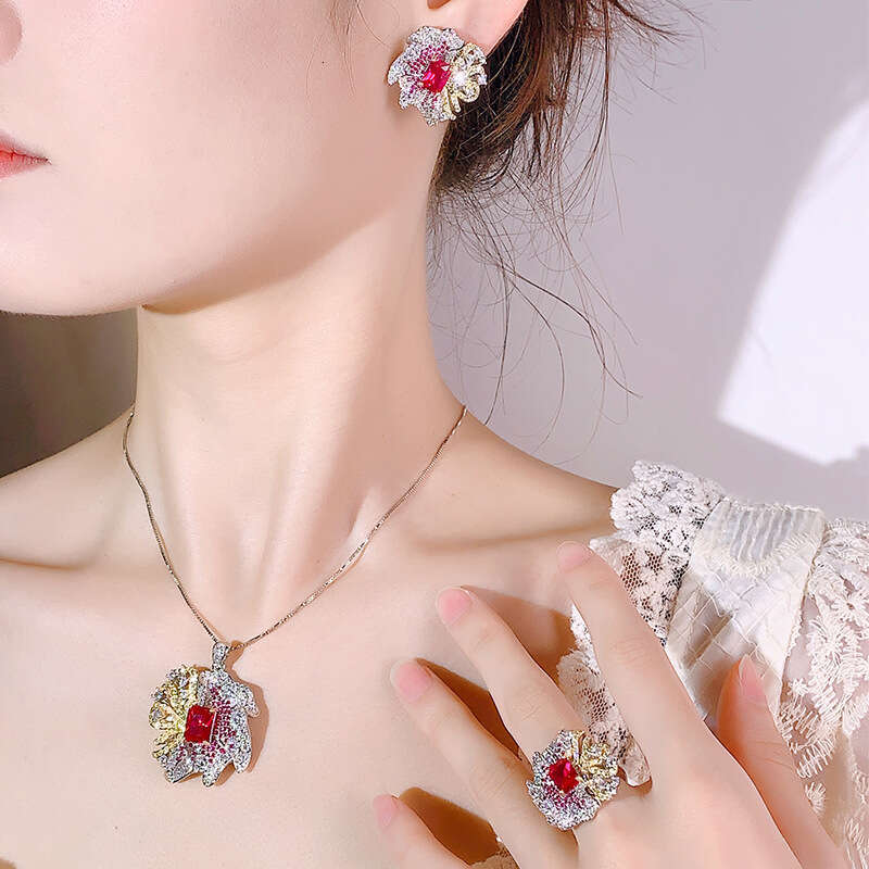 Autumn Winter New Jewelry Set Luxurious High-End Versatile Red Zircon Necklace Earrings Ring Full Dia Elegant Women's Wholesale 0F9