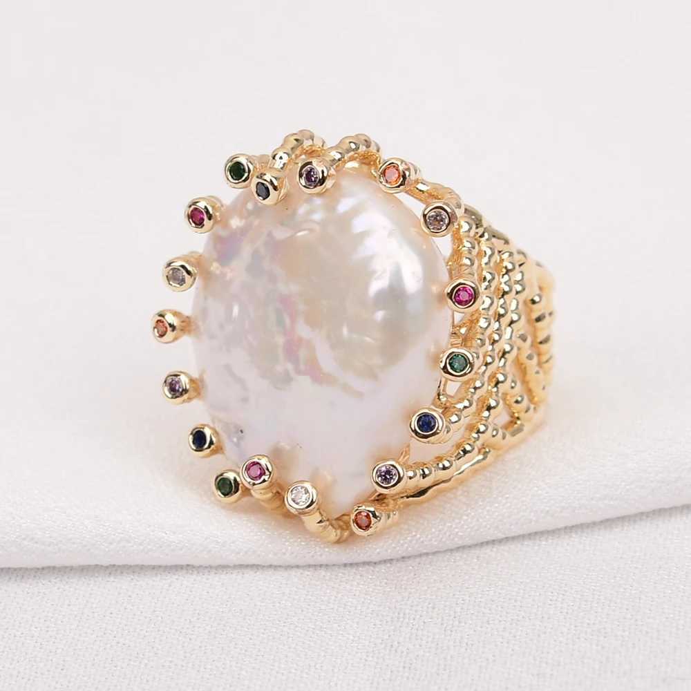 G-G Cultured White Coin Keshi Pearl Rings Mix Color CZ Paved Gold Plated Ring For Women Valentines Day Jewelry XJ250707