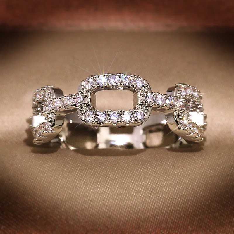 925 New Silver Color Chain Ring with Bling Zircon Stone Rings for Women Wedding Engagement Fashion Jewelry Gift XJ250707
