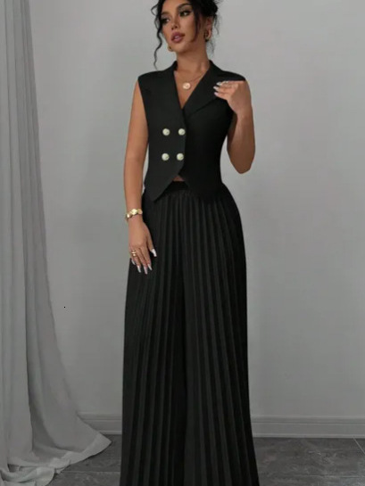 Mozision Autumn Two Piece Set Doublebreasted Vest And Split Skirt Matching Sets Fashion Long Pleated 241116