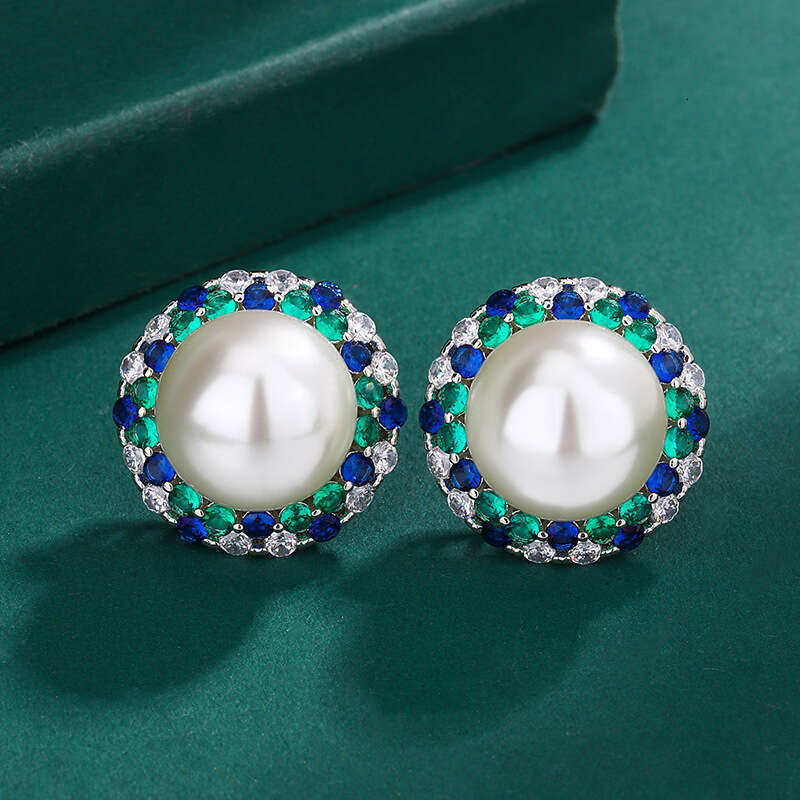 Three-Piece Set Australian Mother-Of-Pearl Necklace Sier Needle Tahitian Pearl Stud Earrings With Emerald Zircon Ring 691