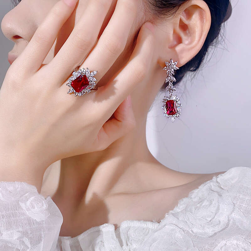 New Set Jewelry Earrings Ring Accessories For Women Colorful Gem Square Red Blue Fashion 021
