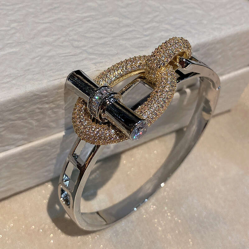DHcollections New Horizontal Bar OT Series Ring Bracelet Set Pig Nose Light Copper Inlaid with Zircon