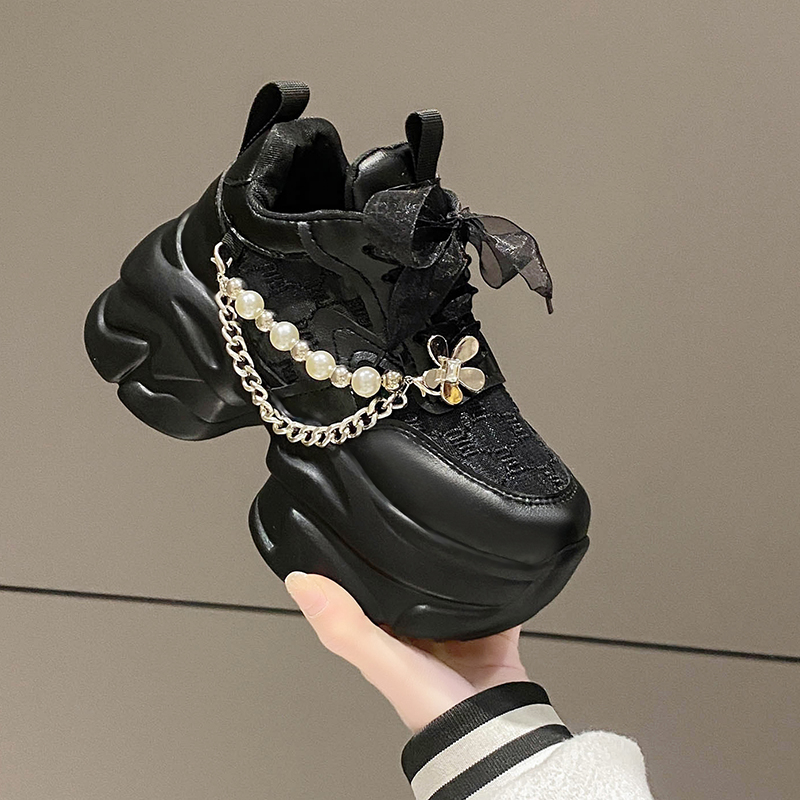 Women's Summer Platform Sneakers Breathable Mesh Lace Casual Shoes Comfortable Luxury Pearl Embellished Non Slip Running Shoes Woman Thick Bottom