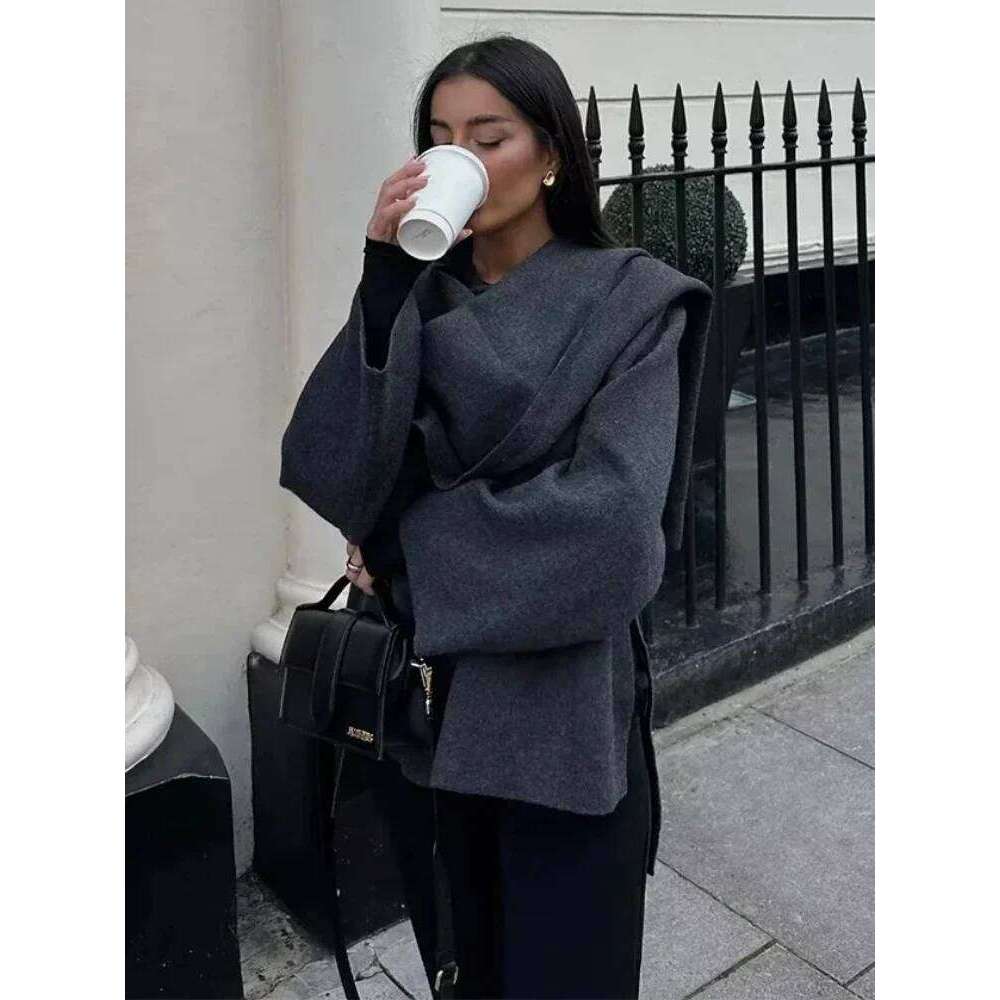 ZBZA Women's Asymmetric Scarf Knitted Jacket O-neck Single Button Side Slit Solid Loose Coat Winter New Female Chic Outerwear