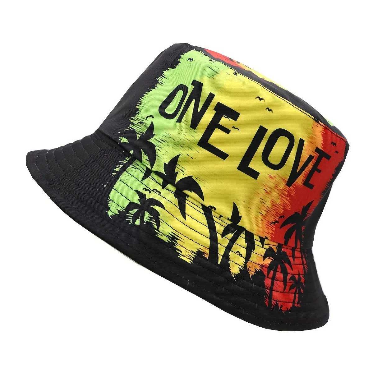 Unisex Reversible ONE LOVE Bucket Hat Lightweight Casual Tropical Design Basin Cap for Outdoor Vacations Travel Sun Protection Y250707