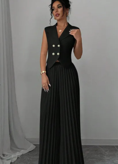 Mozision Autumn Two Piece Set Doublebreasted Vest And Split Skirt Matching Sets Fashion Long Pleated 241116