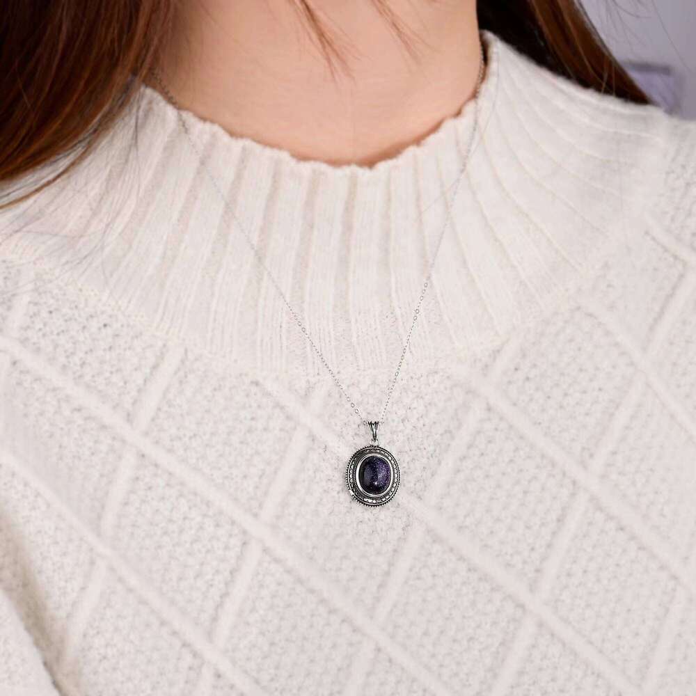 Secondhand Pure Sier Chain Large Oval Blue Sandstone Handmade Jewelry Necklace Engagement Party Gift