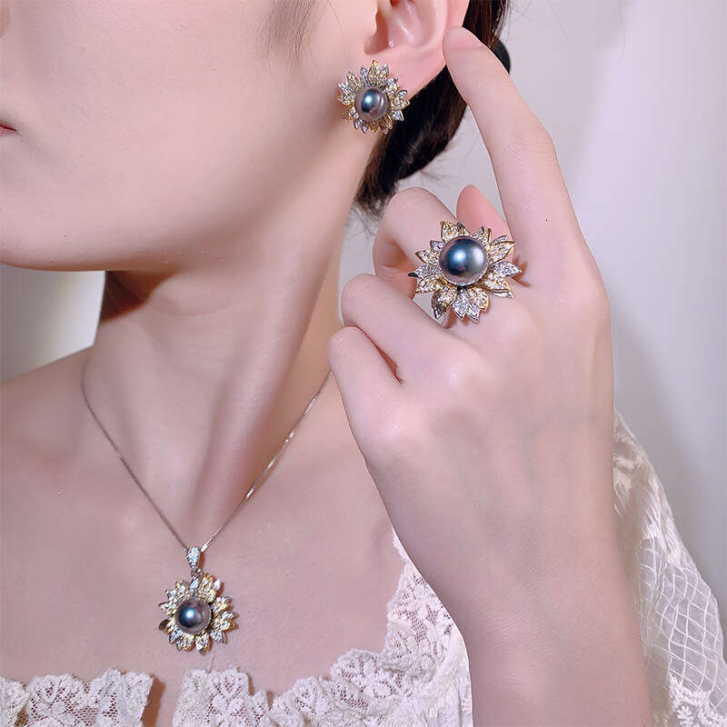 Set Jewelry Imitation Natural Pendant Ring S Sier Needle Gray Pearl Earrings Two-Tone Electroplating B52