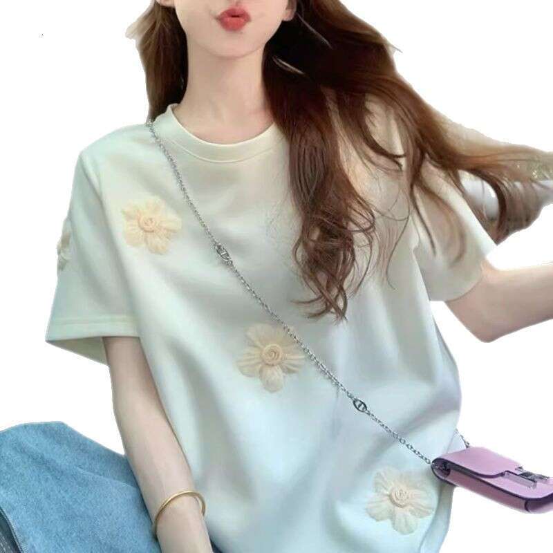 Plus Size Korean Style 3D Flower Short Sleeve T-Shirt For Women Summer New Loose Age-Reducing Regular Shoulder Top Trendy B5