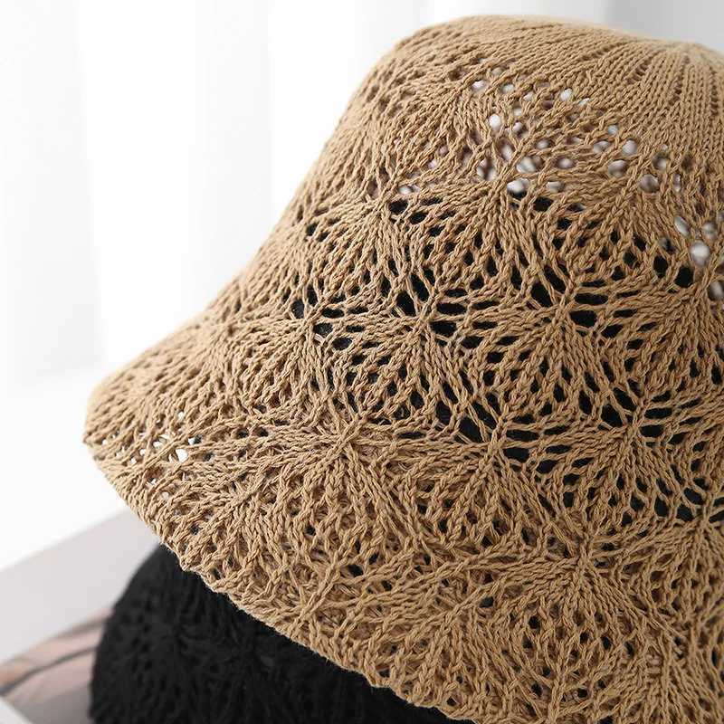 Hollow Grid Bucket Hat for Women Summer Thin Linen Fisherman Hats Fashionable White Pearl Chain Decorative Basin Cap Beach Hats Y250707