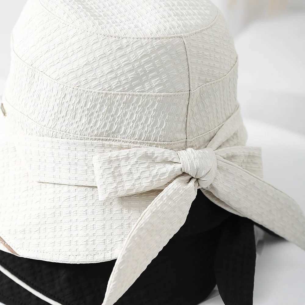 Womens Bucket Hat Korean Style Retro Lady Fashion Cloth Bow Foldable Sunscreen Summer Hats For Women Trendy Fisherman Cap New Y250707