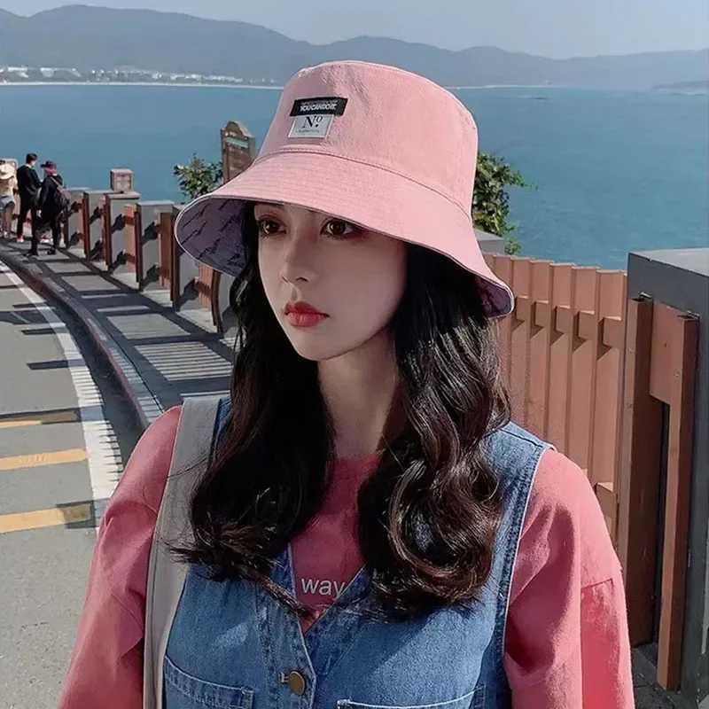 Double-sided Wear Women Bucket Hat Korean Fashion Letter Print Fisherman Hats For Girl Summer Outdoor Beach Basin Cap Y250707