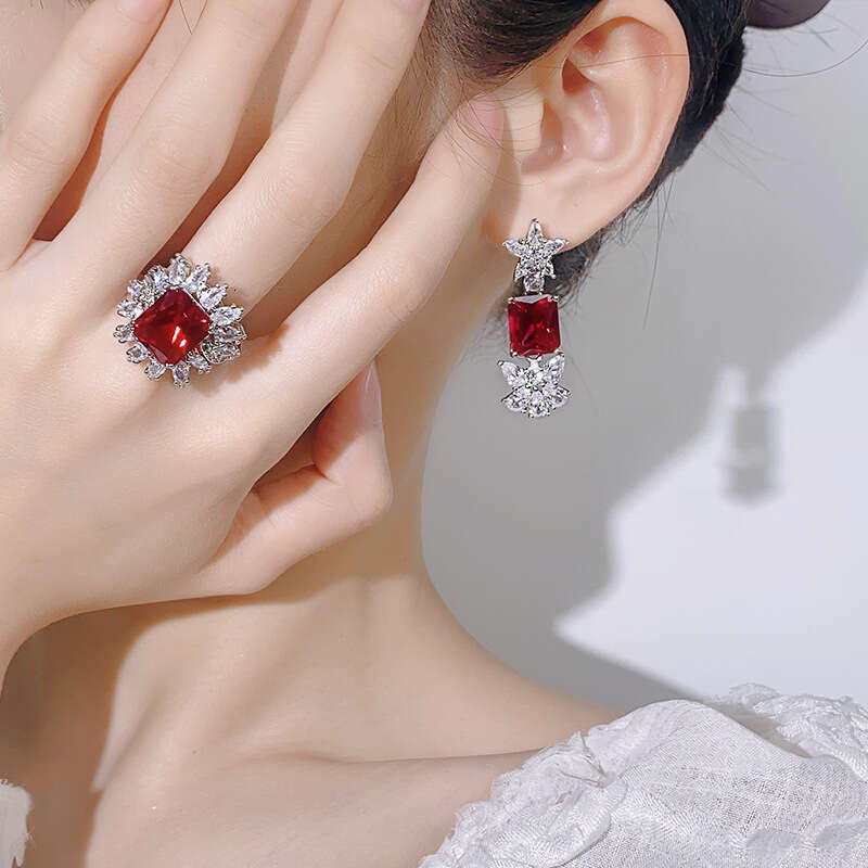 New Set Jewelry Earrings Rings Square Colorful Gemstone Red Corundum Fashion Light Women's Style 428