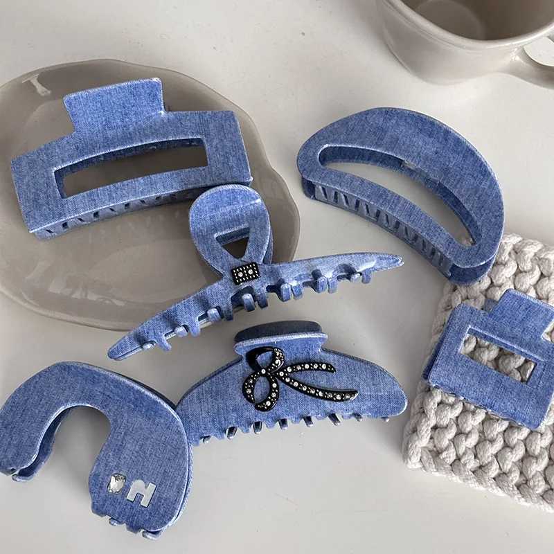 NEW Women Denim Blue Acetate Hair Claws Barrettes Hairpins Large Ponytail Hair Clips Girls Hair Accessories Shark Clip Hairgrip Y250707