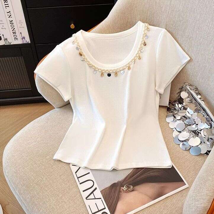 Heavy Craft Sleeve T-Shirt For Women Summer New U-Neck Slim Fit Short Top B5