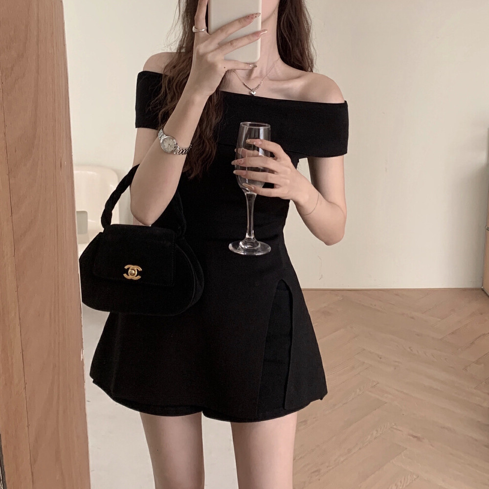 2025 Summer new women's T-shirt Summer new Korean style pure desire split shoulder waist knit top New designer T-shirt Irregular women's sho