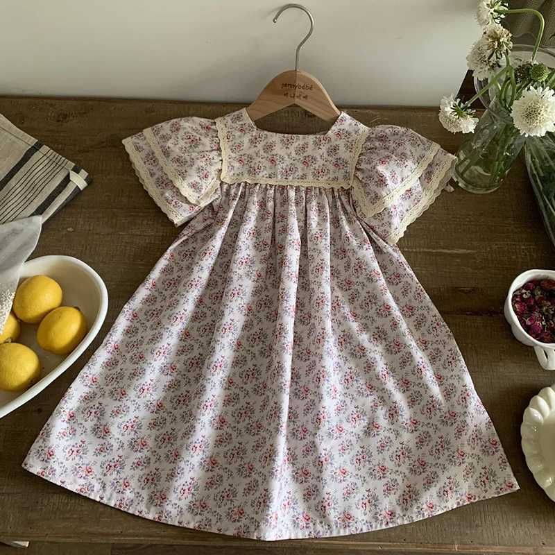 Kids Clothes Fashion Girl Dress Flower Embroidery Retro Lace Dress Cotton Princess Casual Round Neck Summer New Sweet Dress R250707