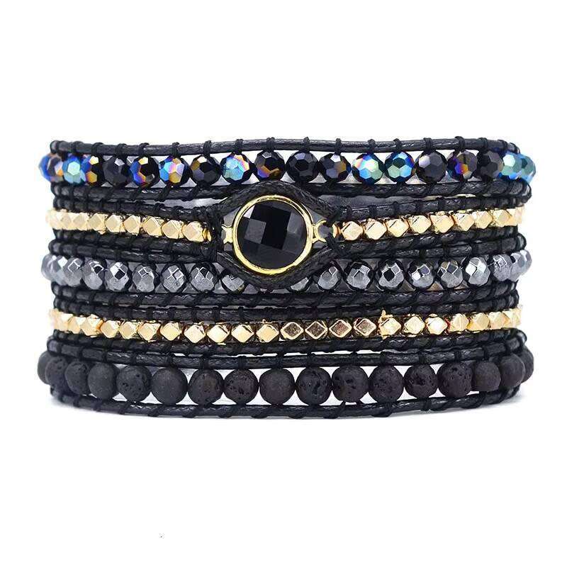 Adjustable Lava Stone Woven Vegan Bohemian Black Wax Rope Wrap Bracelet for Men and Women